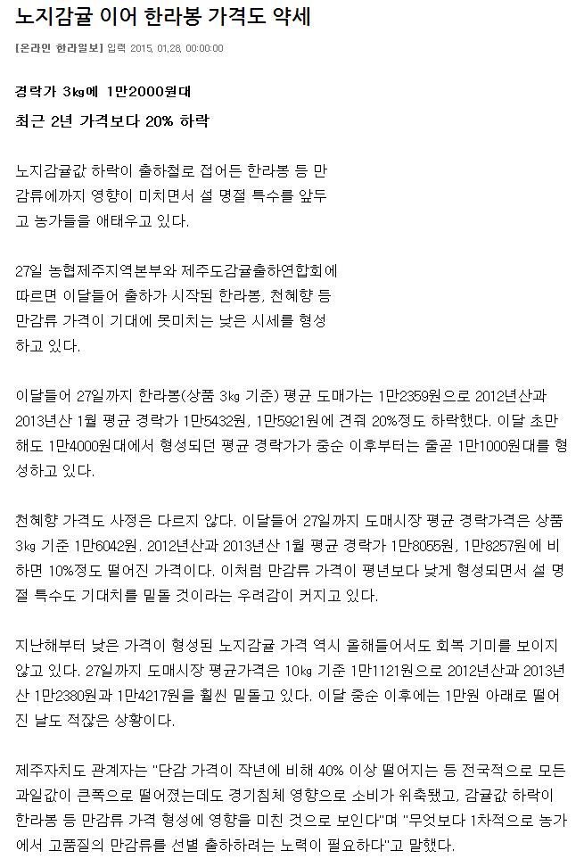 노지감귤 이어 한라봉 가격도 약세