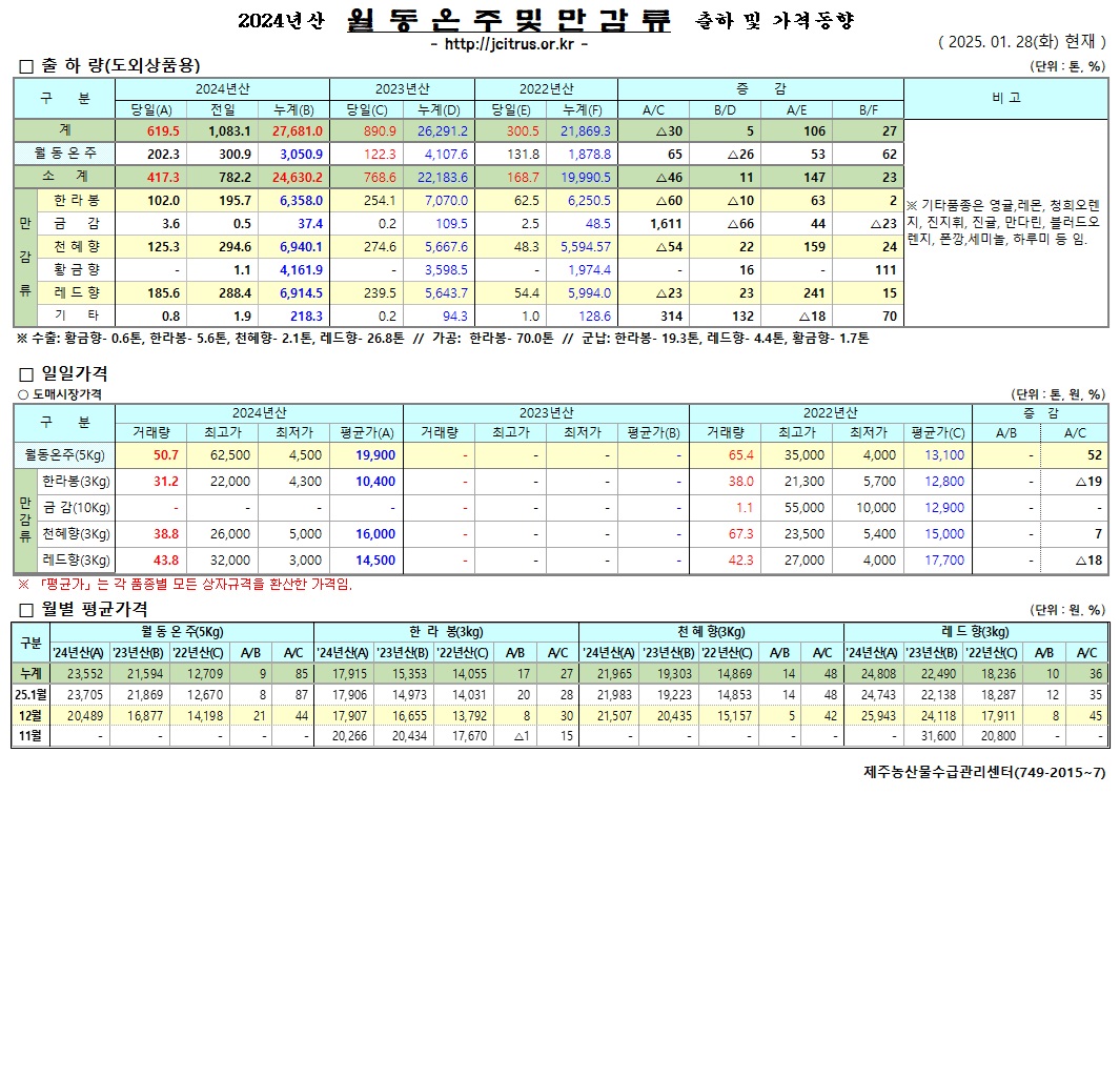 [월동&만감]2024년산 출하 및 가격동향(1/28)