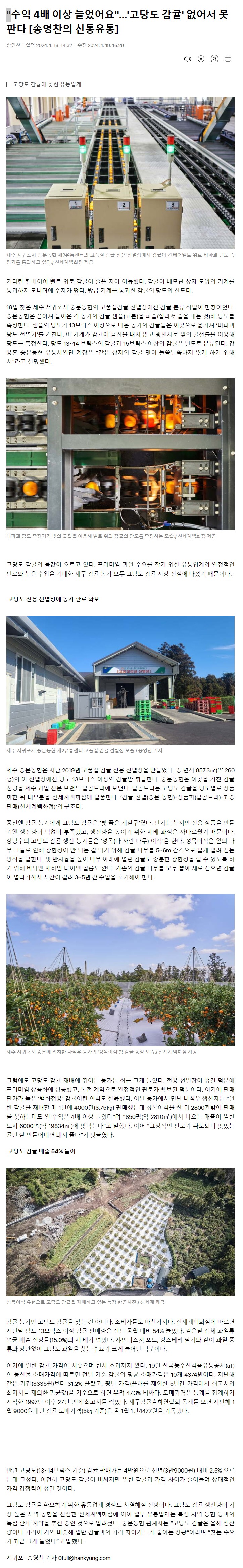 "수익 4배 이상 늘었어요"…'고당도 감귤' 없어서 못 판다 [송영찬의 신통유통]