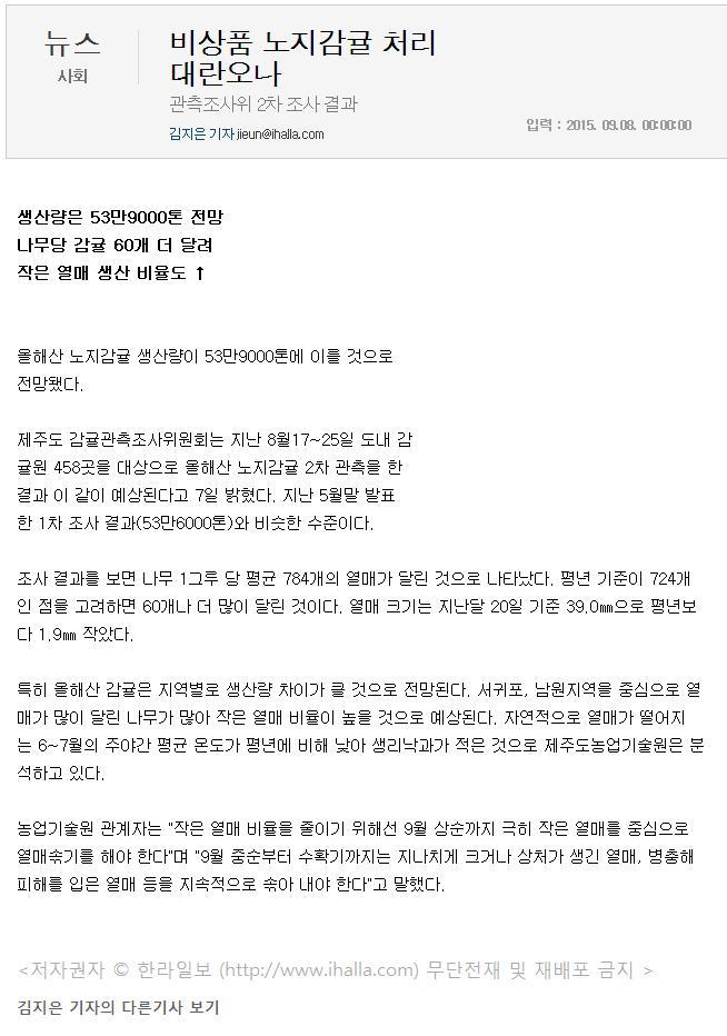 비상품 노지감귤 처리 대란 오나