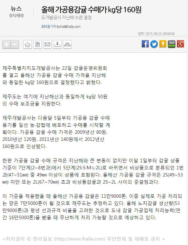 올해 가공용감귤 수매가 kg당 160원