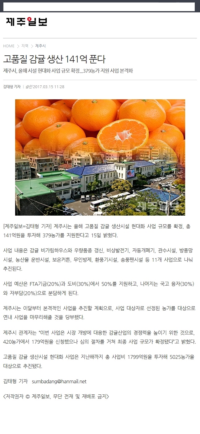 고품질 감귤 생산 141억 푼다
