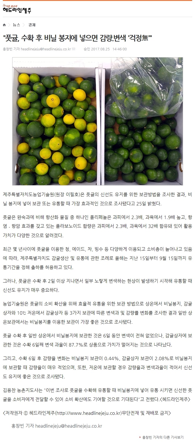 풋귤, 수확후 비닐 봉지에 넣으면 감량,변색 