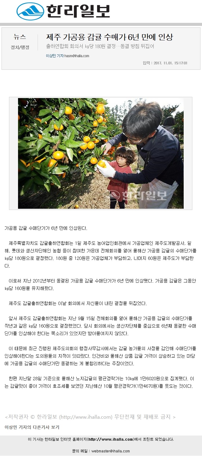 제주 가공용 감귤 수매가 6년 만에 인상
