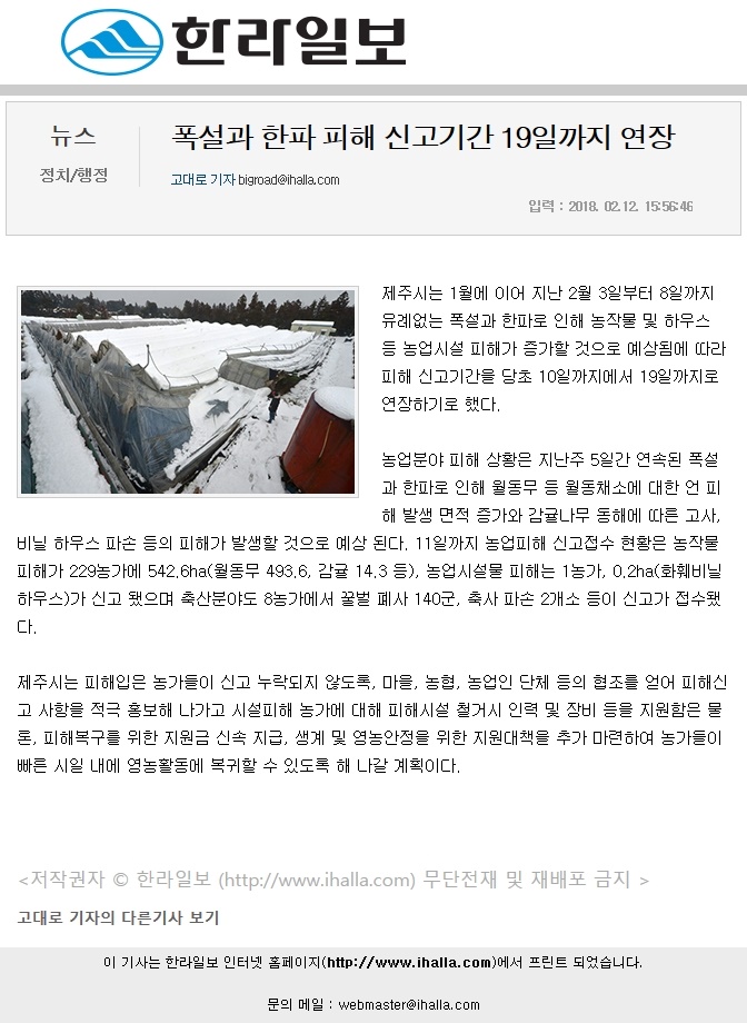 폭설과 한파 피해 신고기간 19일까지 연장