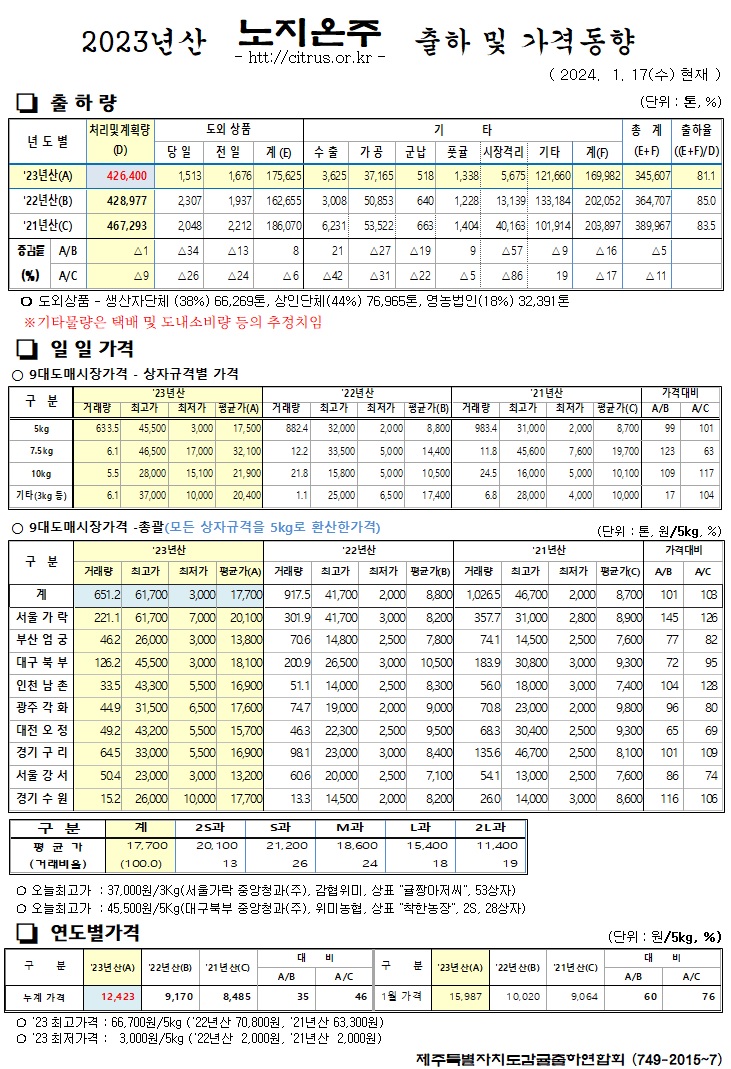 [노지온주]2023년산 출하 및 가격동향(1/17)