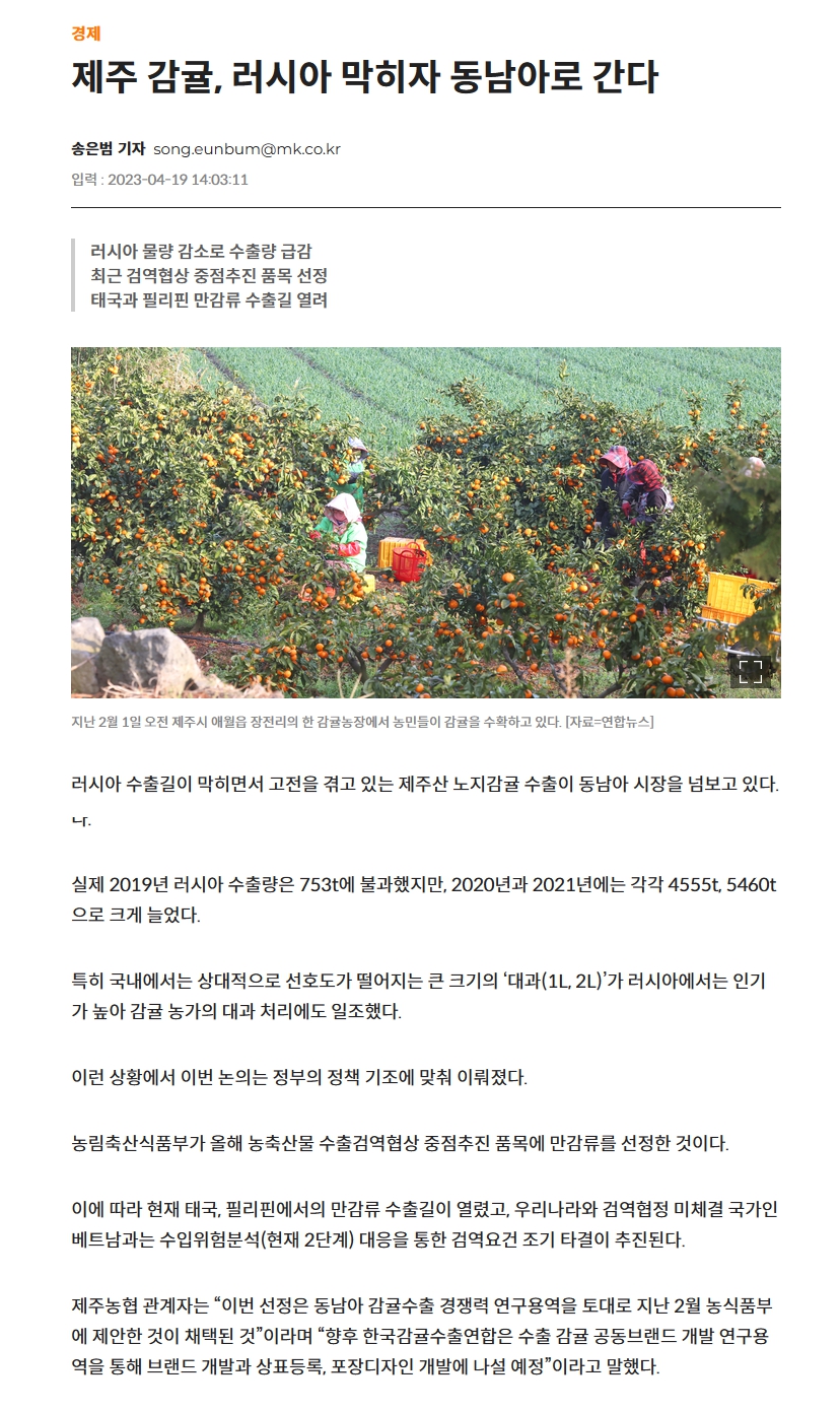 제주 감귤, 러시아 막히자 동남아로 간다