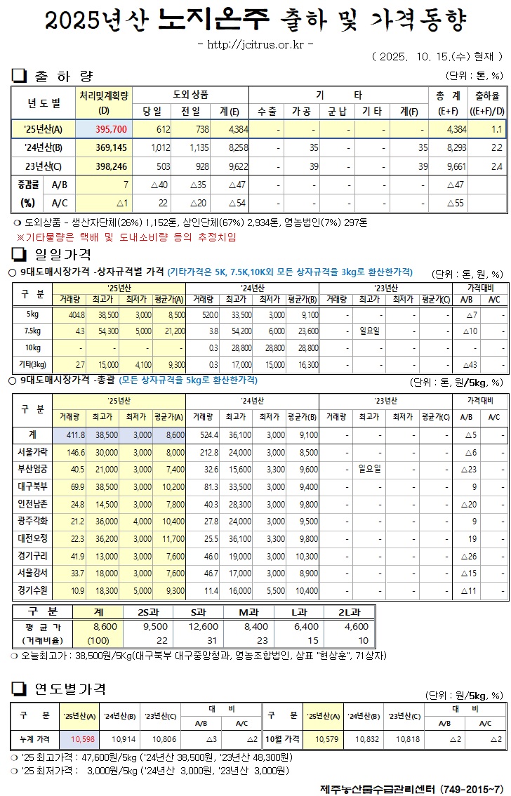 [노지온주]2025년산 출하 및 가격동향(10/15)