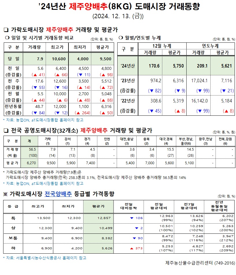 '24년산 제주양배추(8kg) 도매시장 거래동향(12/13)