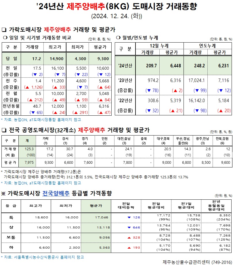 '24년산 제주양배추(8kg) 도매시장 거래동향(12/24)