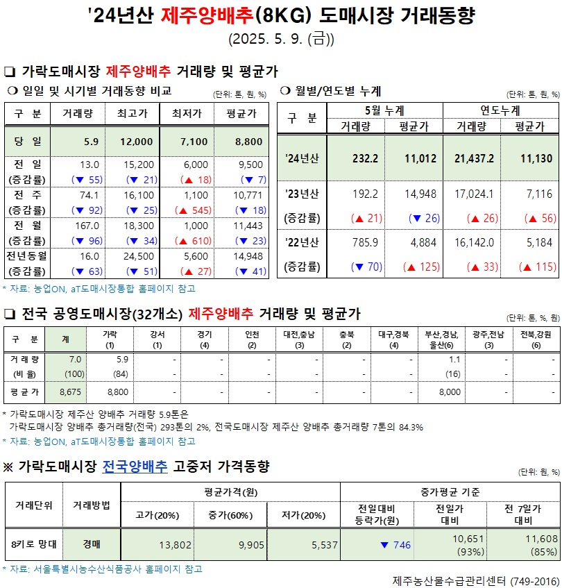 '24년산 제주양배추(8kg) 도매시장 거래동향(5/9)