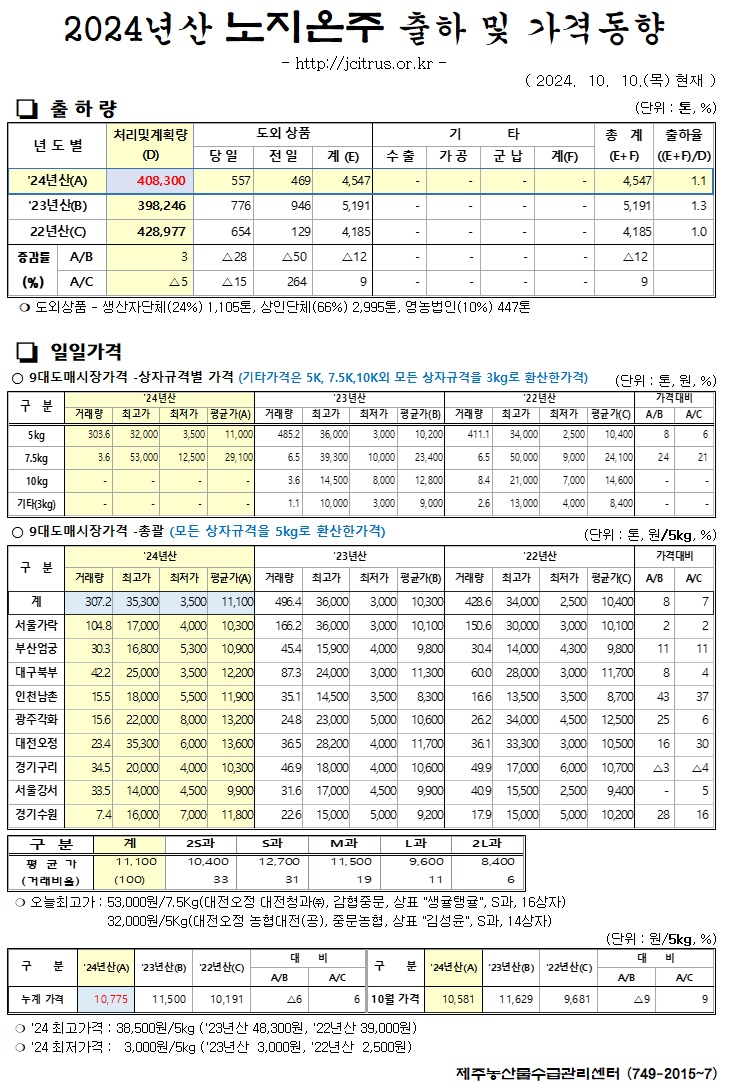 [노지온주]2024년산 출하 및 가격동향(10/10)