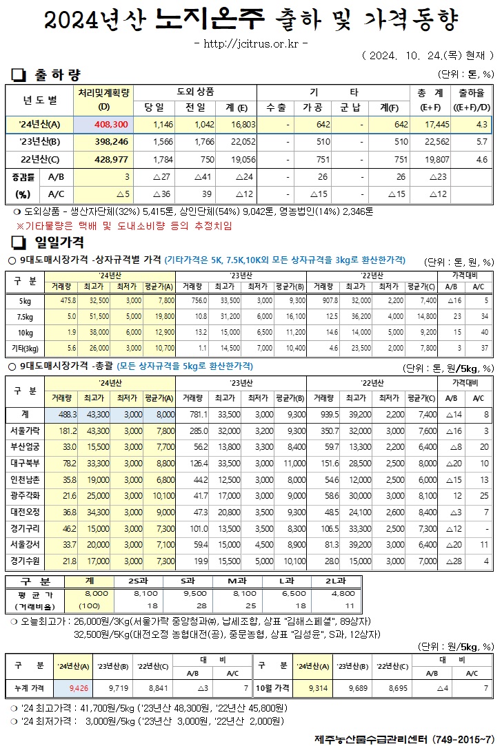 [노지온주]2024년산 출하 및 가격동향(10/24)