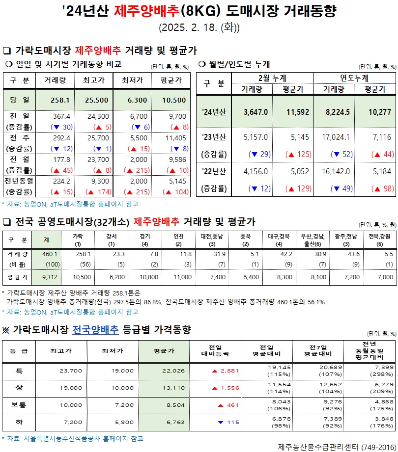 '24년산 제주양배추(8kg) 도매시장 거래동향(2/18)