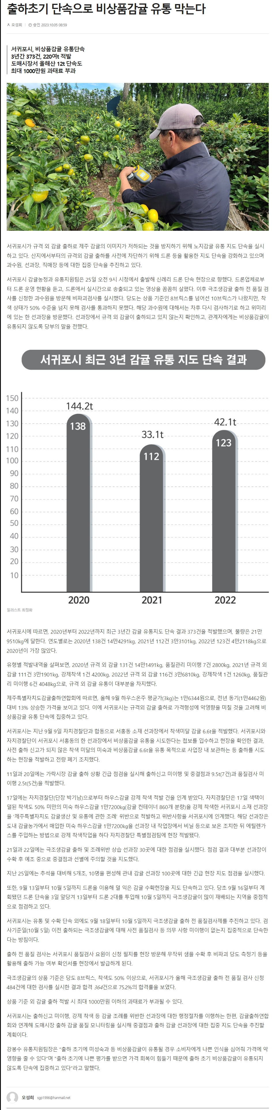 출하초기 단속으로 비상품감귤 유통 막는다