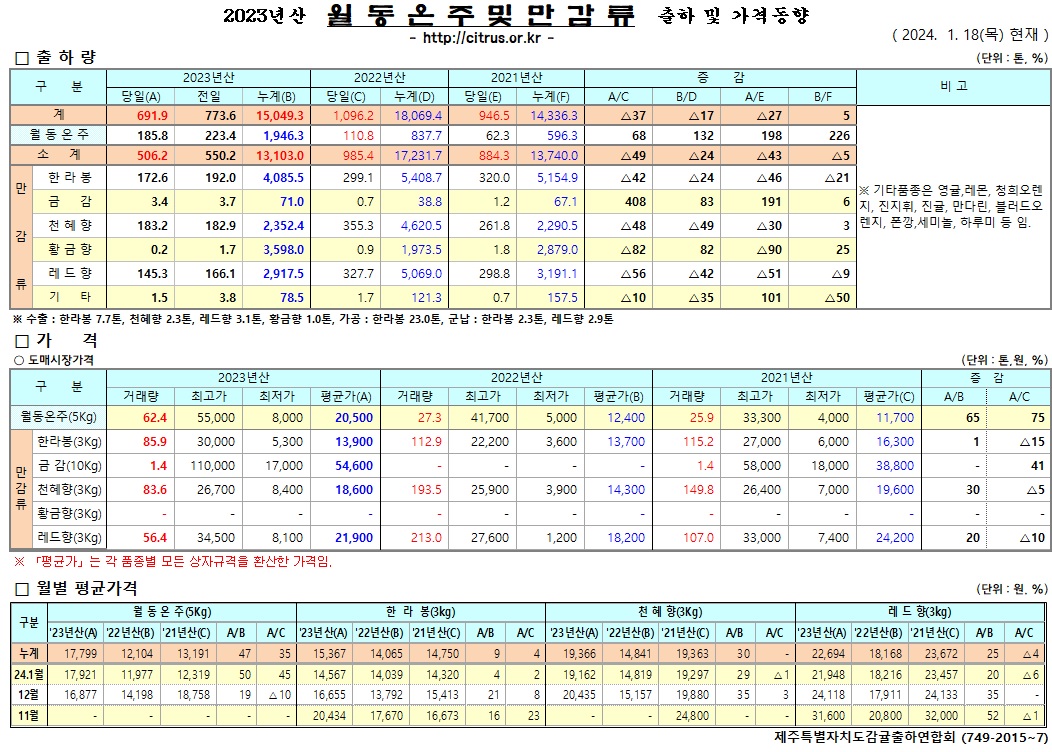 [월동&만감]2023년산 춯하 및 가격동향(1/18)