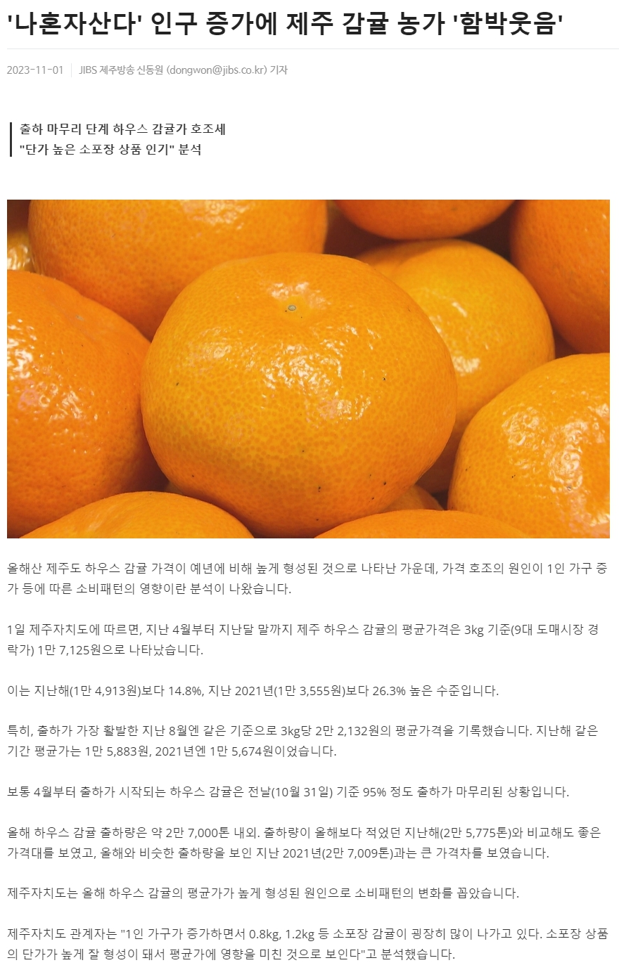 '나혼자산다' 인구 증가에 제주 감귤 농가 '함박웃음'