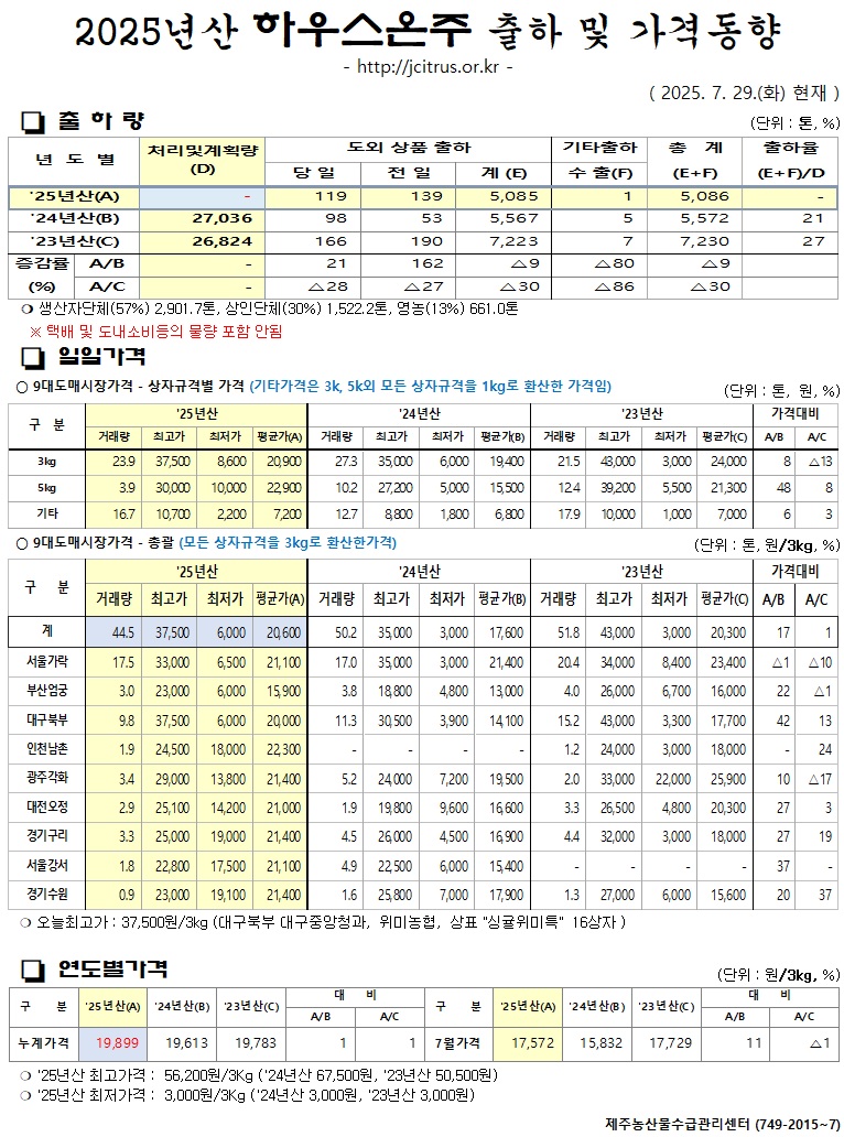 [하우스온주]2025년산 출하 및 가격동향(7/29)