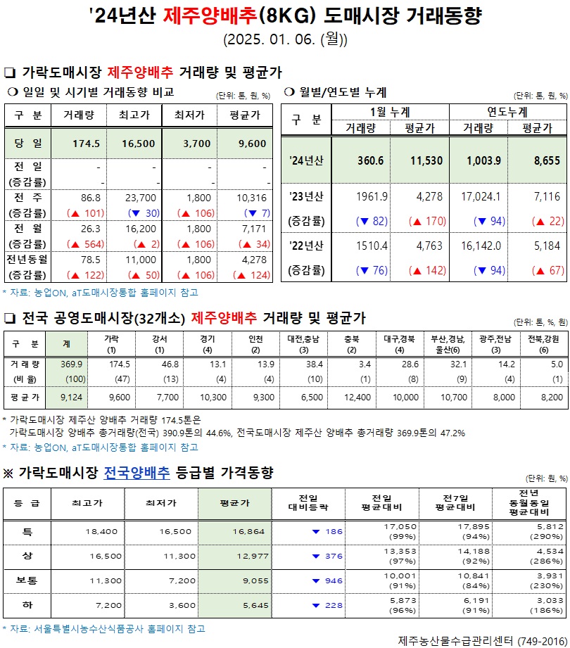 '24년산 제주양배추(8kg) 도매시장 거래동향(1/6)
