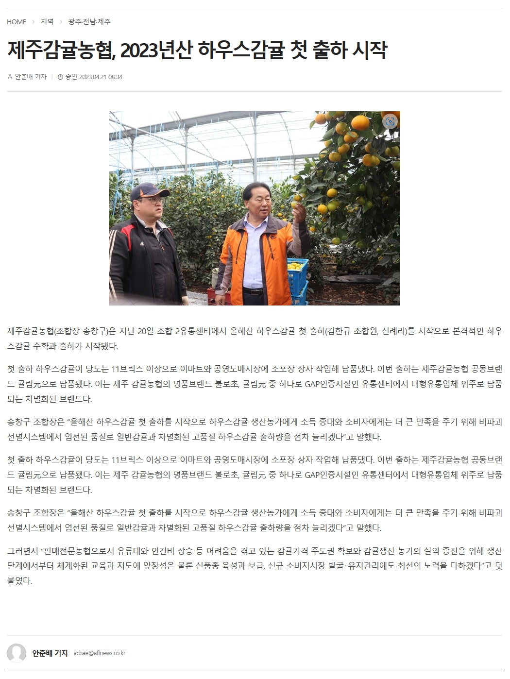 제주감귤농협, 2023년산 하우스감귤 첫 출하 시작