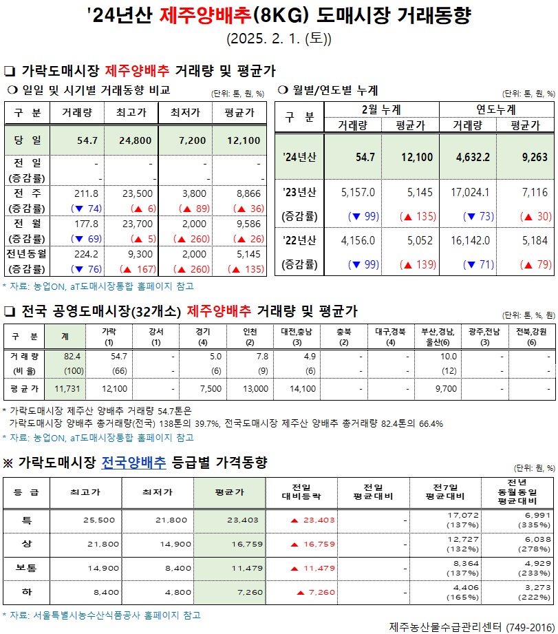 '24년산 제주양배추(8kg) 도매시장 거래동향(2/1)