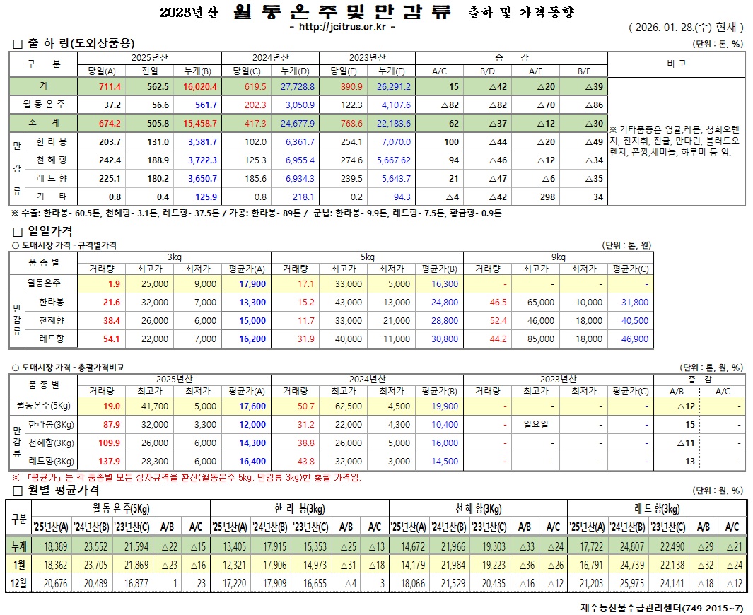 [월동&만감]2025년산 출하 및 가격동향(1/28)