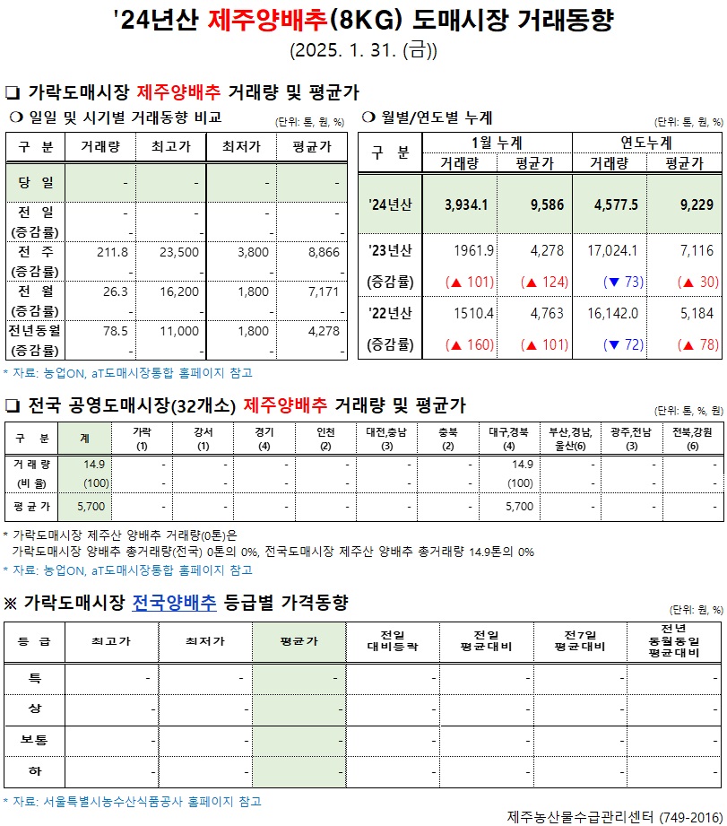 '24년산 제주양배추(8kg) 도매시장 거래동향(1/31)