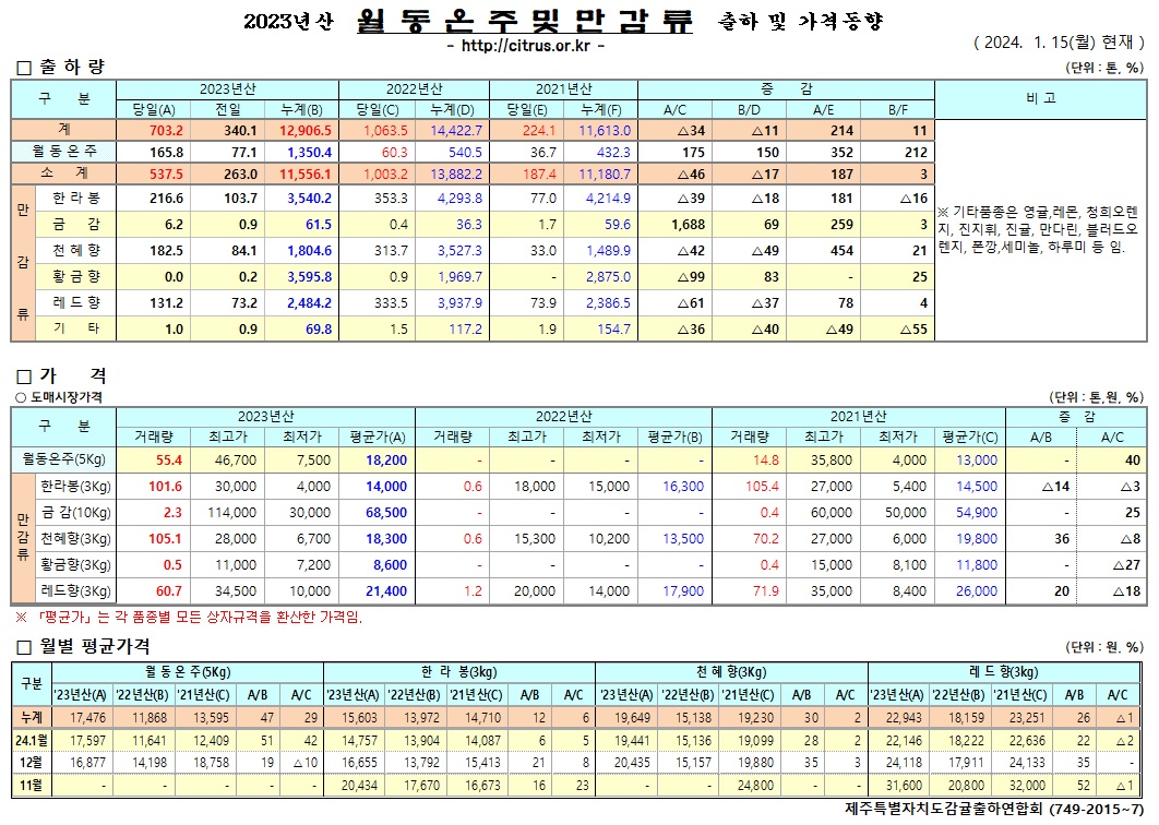 [월동&만감]2023년산 출하 및 가격동향(1/15)