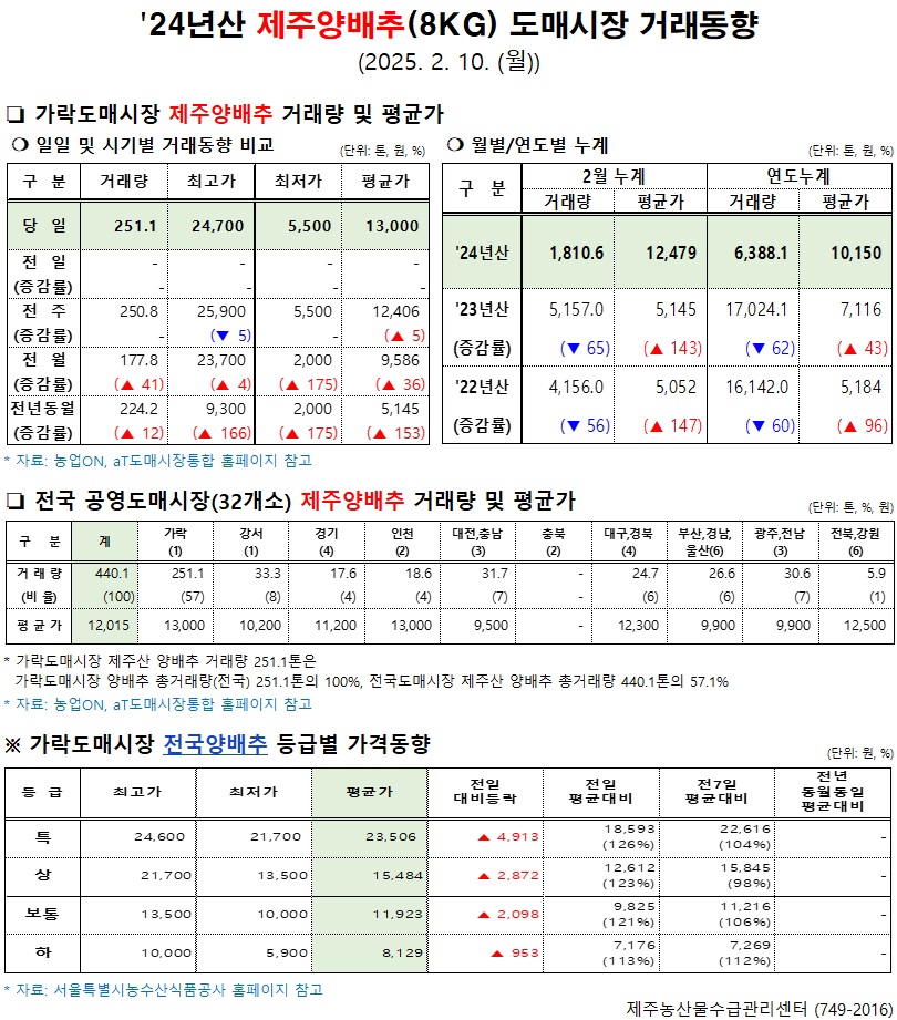 '24년산 제주양배추(8kg) 도매시장 거래동향(2/10)
