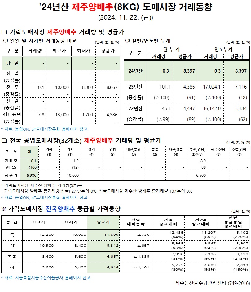 '24년산 제주양배추(8kg) 도매시장 거래동향(11/22)