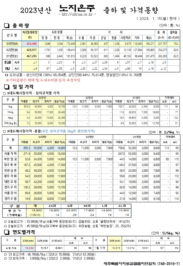 [노지온주]2023년산 출하 및 가격동향(1/15)
