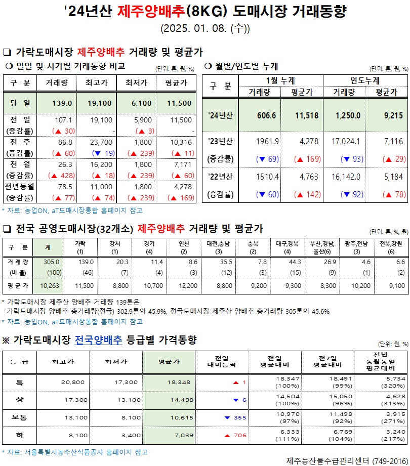 '24년산 제주양배추(8kg) 도매시장 거래동향(1/8)