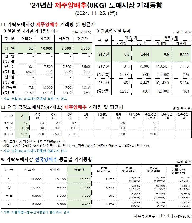 '24년산 제주양배추(8kg) 도매시장 거래동향(11/25)