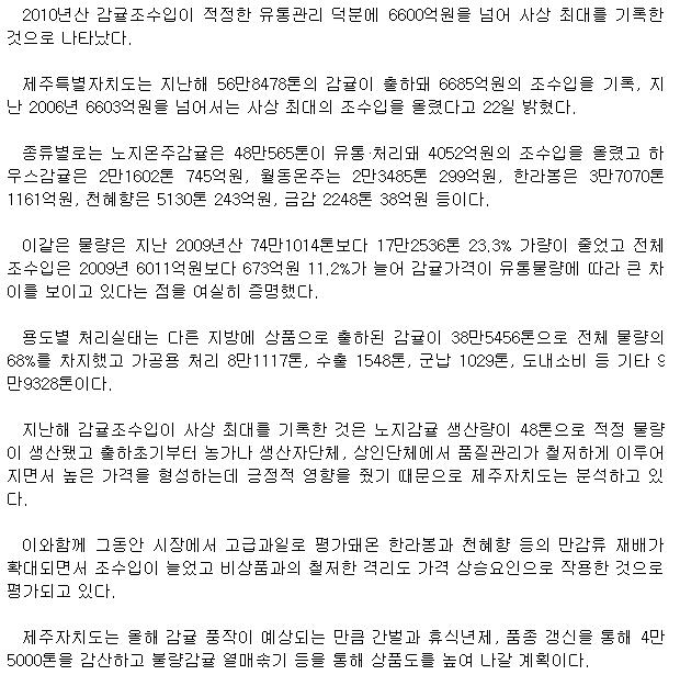 2010년산 감귤조수입 사상 최대 기록