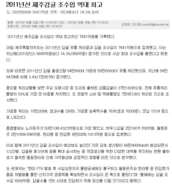 2011년산 제주감귤 조수입 역대 최고