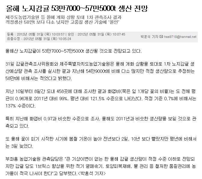 올해 노지감귤 53만7000~57만5000t 생산 전망