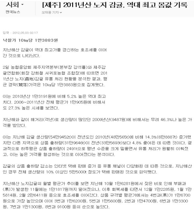 2011년산 노지 감귤, 역대 최고 몸값 기록