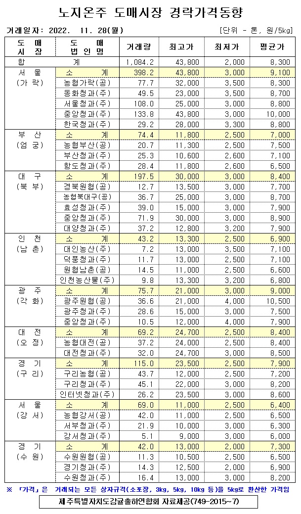 [노지온주]9대도매시장 경락가격(11/28)