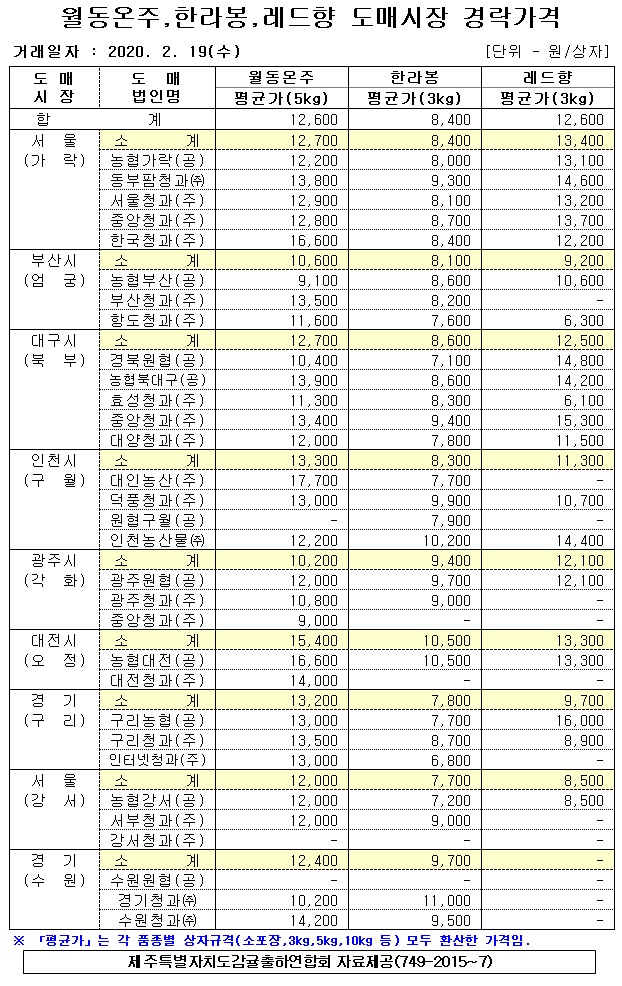 [월동&만감]9대도매시장 경락가격(2/19)