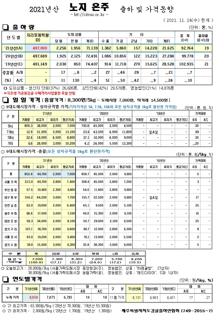 [노지온주]2021년산 출하 및 가격동향(11/24)