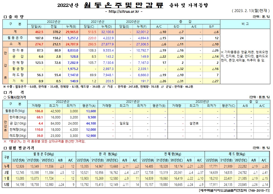 [월동&만감]2022년산 출하 및 가격동향(2/13)