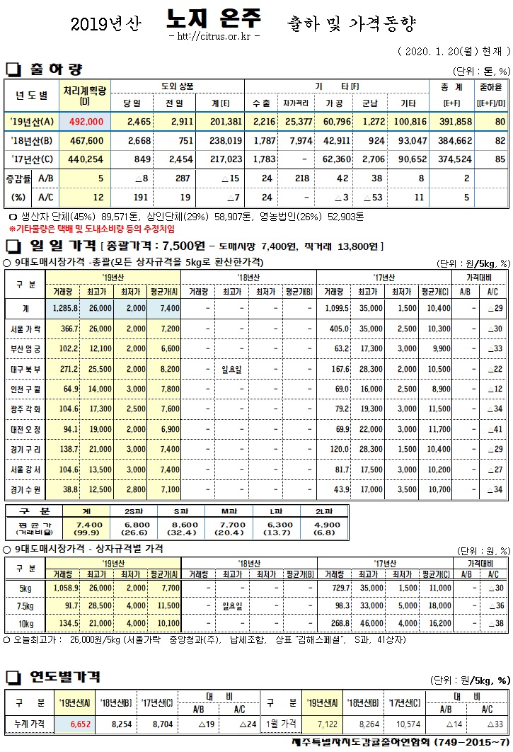 [노지온주]2019년산 출하 및 가격동향(1/20)