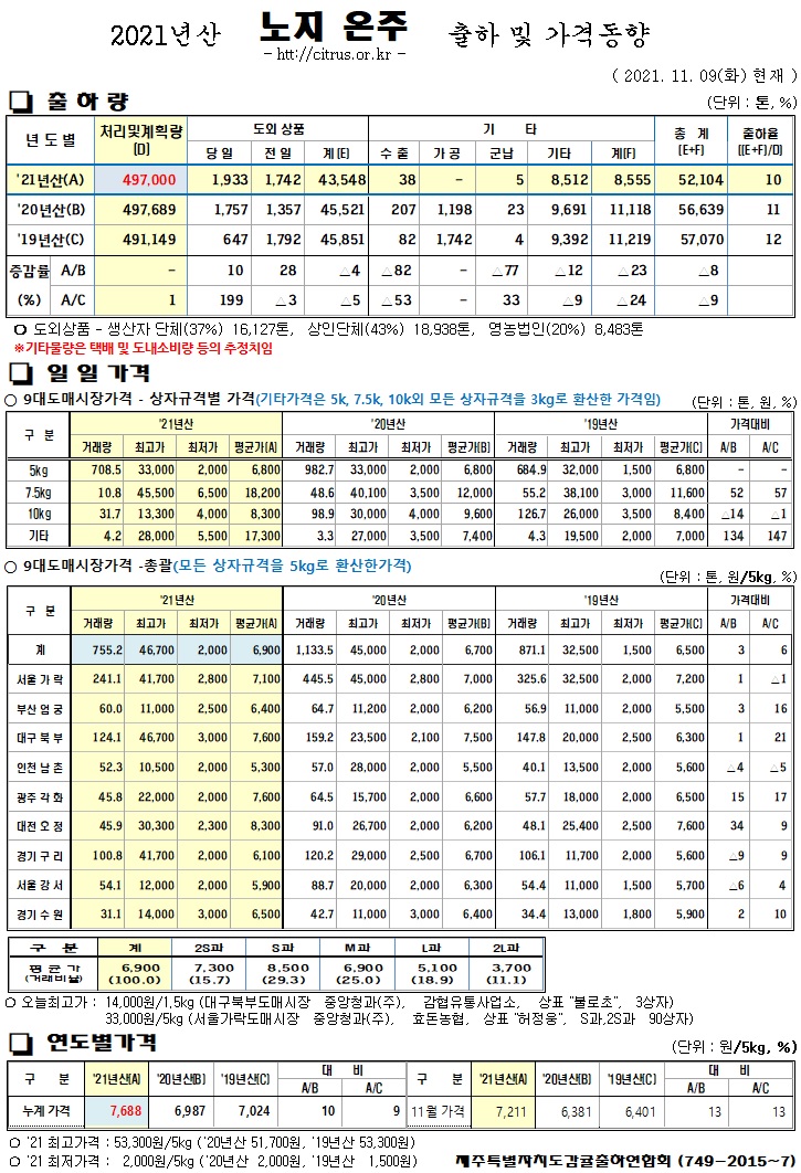 [노지온주]2021년산 출하 및 가격동향(11/09)