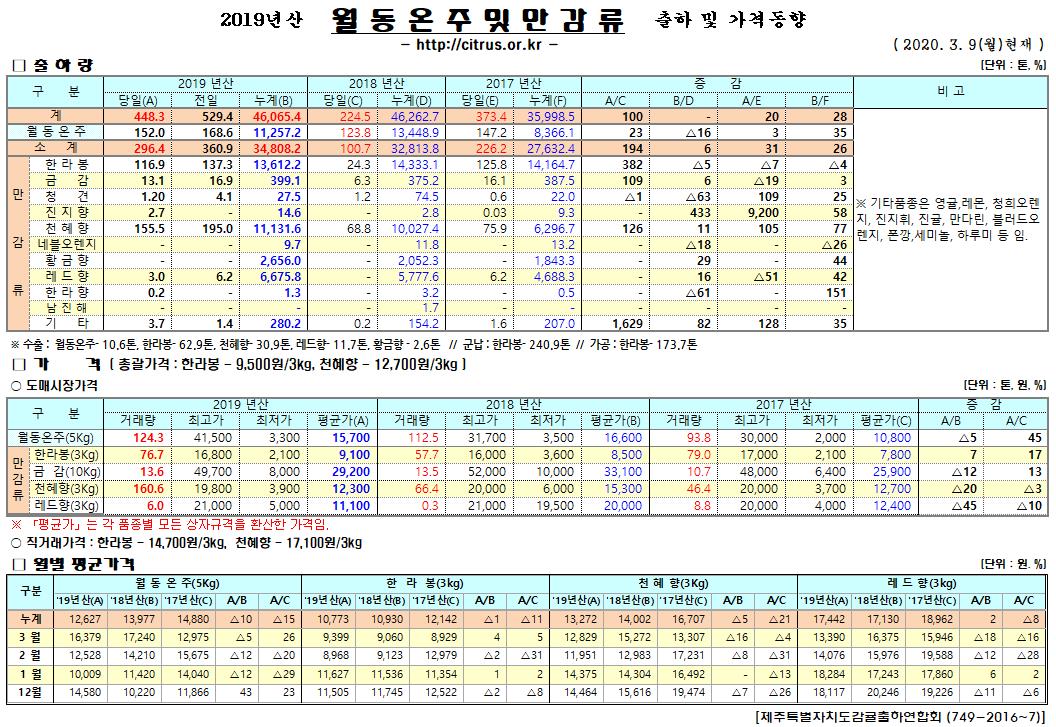 [월동&만감]2019년산 출하 및 가격동향(3/09)