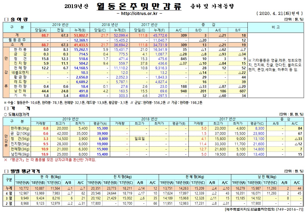 [월동&만감]2019년산 출하 및 가격동향(4/21)