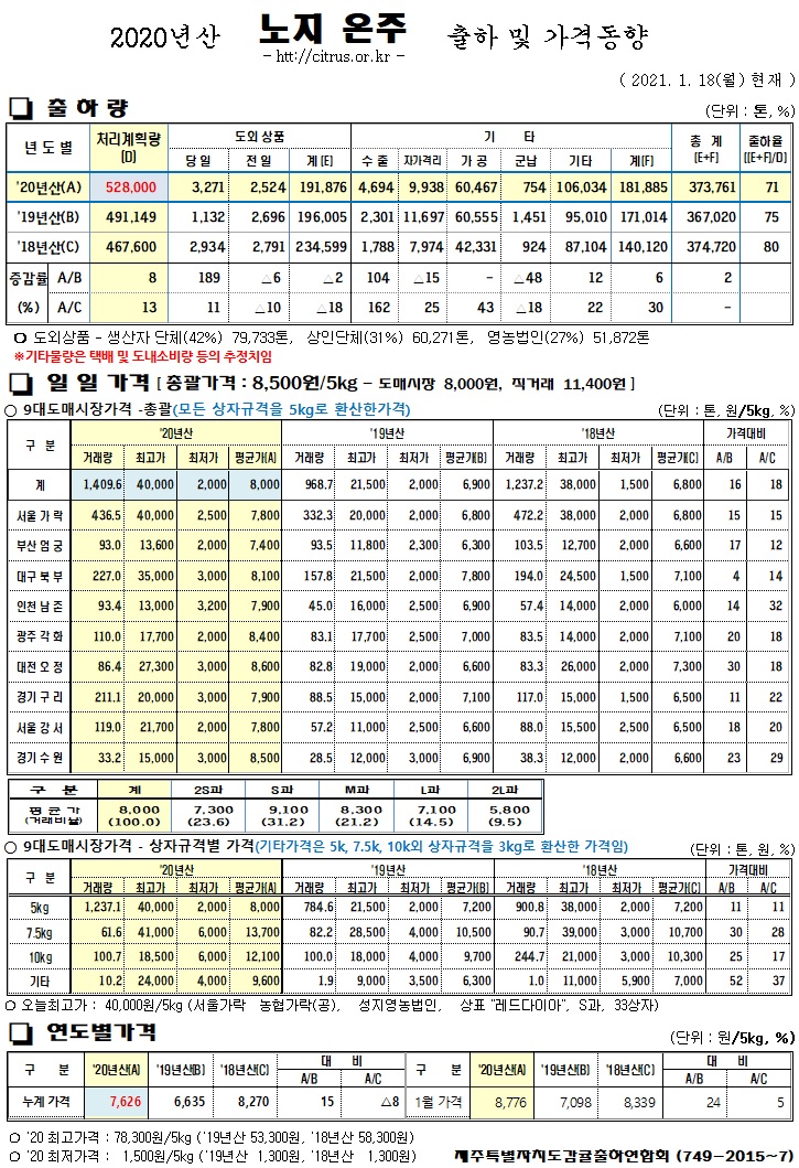 [노지온주]2020년산 출하 및 가격동향(1/18)
