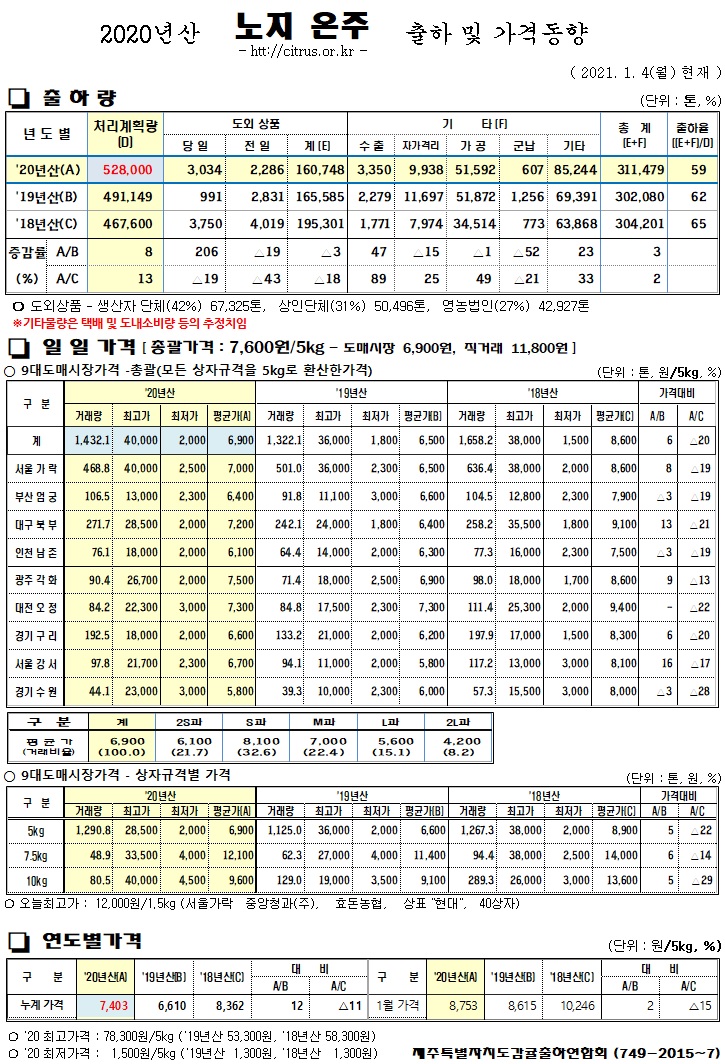 [노지온주]2020년산 출하 및 가격동향(1/04)