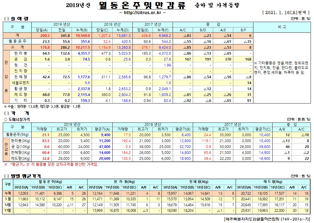 [월동&만감]2020년산 출하 및 가격동향(1/16)