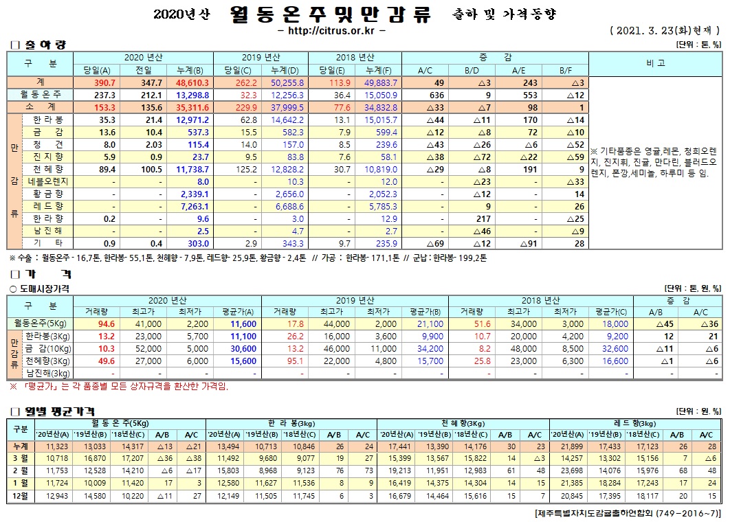[월동&만감]2020년산 출하 및 가격동향(3/23)