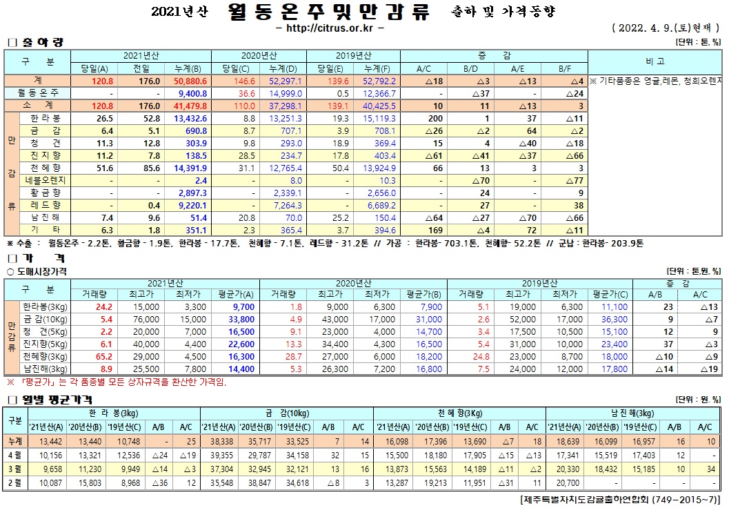 [월동&만감]2021년산 출하 및 가격동향(4/09)